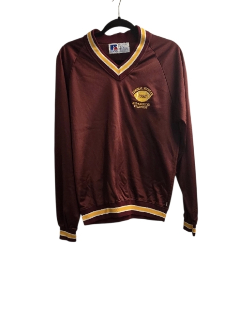 Russell Athletic Maroon Pullover Sweatershirt with Gold & White Trim. L